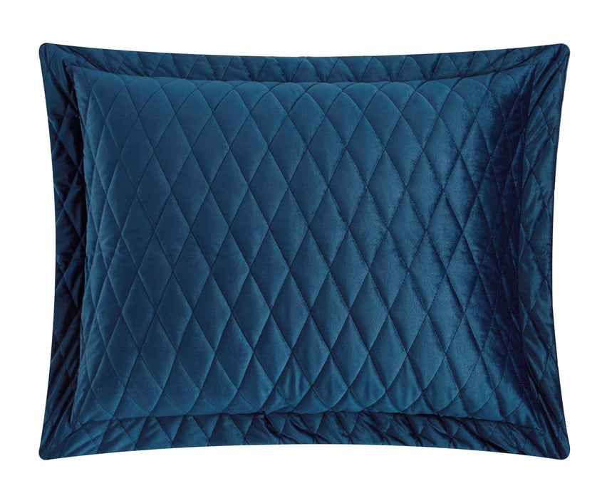 NY&C Home Wafa 3 Piece Velvet Quilt Set Diamond Stitched Pattern Bedding - Pillow Shams Included, King, Blue - King