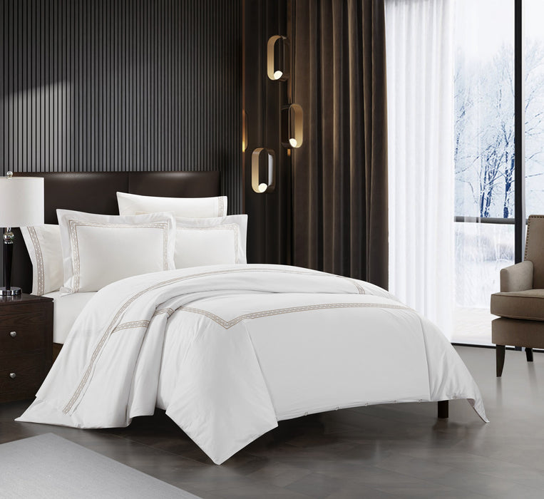 Chic Home Ella Cotton Duvet Cover Set Solid White Dual Stripe Embroidered Border Zig-Zag Details Hotel Collection Bedding - Includes Two Pillow Shams - 3 Piece - Queen 92x96, Beige - Queen