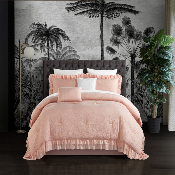 Chic Home Kensley Comforter Set Washed Crinkle Ruffled Flange Border Design Bedding Blush, King - King