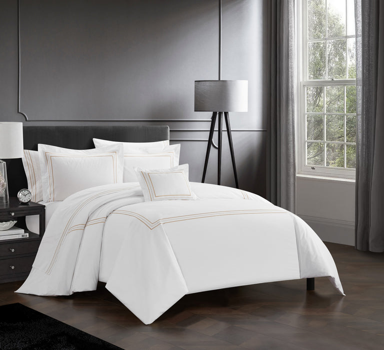 Chic Home Milos Cotton Comforter Set Solid White With Dual Stripe Embroidered Border Hotel Collection Bedding - Includes Decorative Pillow Shams - 4 Piece - King 106x96, Gold - King