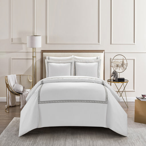 Chic Home Lewiston 3 Piece Cotton Blend Duvet Cover 1500 Thread Count Set Solid White With Embroidered Lattice Stitching Details Grey