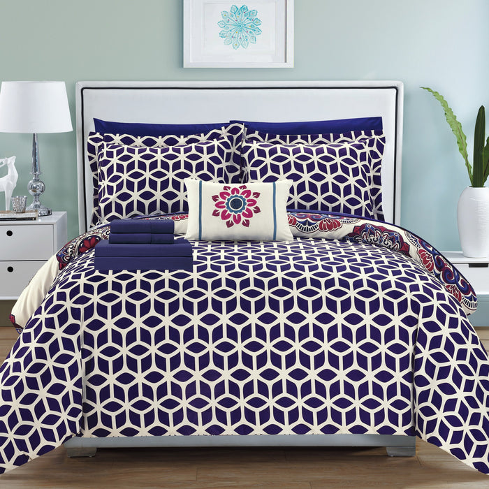 Chic Home Medallion Modern Pattern Microfiber 6/8 Pieces Comforter Bed In A Bag Sheet Set & Decorative Shams - King 106x92, Navy - King
