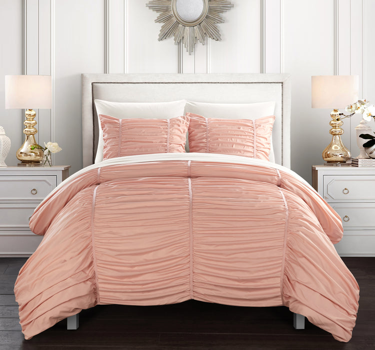 Chic Home Kaiah 7 Piece Comforter Set Contemporary Striped Ruched Ruffled Design Sheet Set Pillowcases Pillow Shams Included Queen Coral - Queen