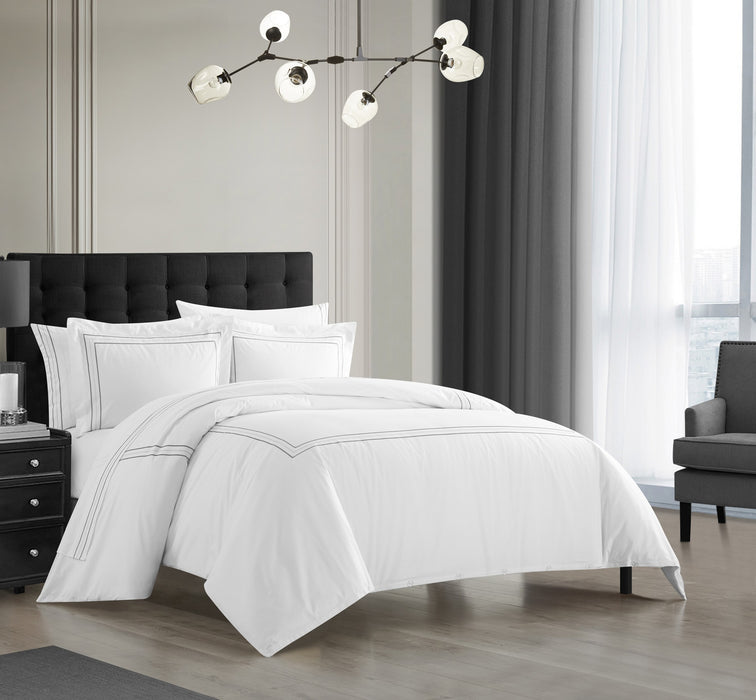 Chic Home Alexander Cotton Duvet Cover Set Solid White With Dual Stripe Embroidered Hotel Collection Bedding - Includes Two Pillow Shams - 3 Piece - King 106x96, Grey - King