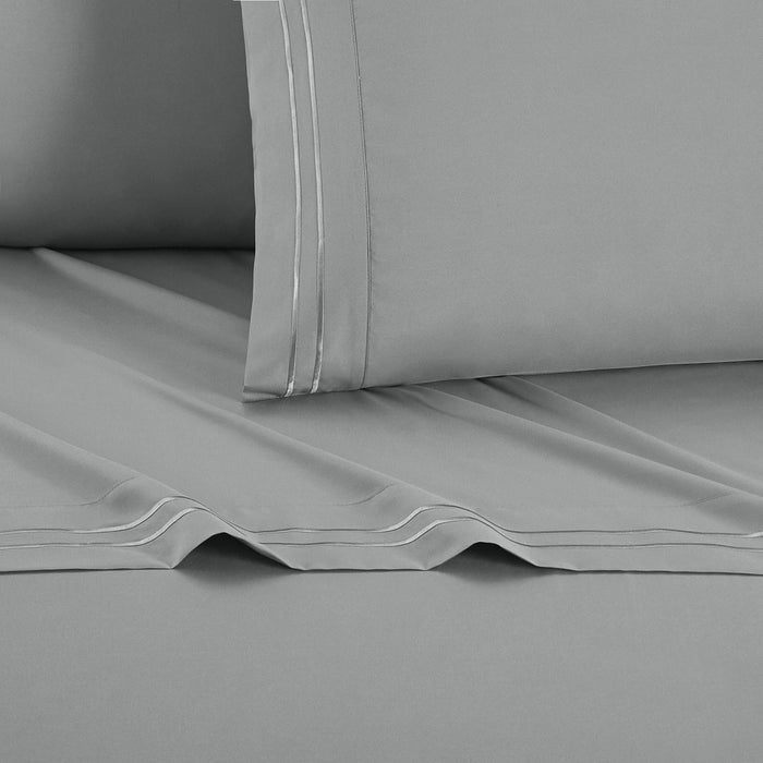 Chic Home Savannah Sheet Set Solid Color With Dual Stripe Embroidery - Includes 1 Flat, 1 Fitted Sheet, and 2 Pillowcases - 4 Piece - King 108x102", Grey - Grey