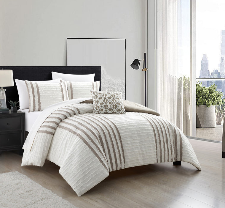 Chic Home Sofia Cotton Comforter Set Clip Jacquard Striped Pattern Design Bedding - Decorative Pillow Shams Included - 4 Piece - Queen 92x96", Beige - Queen