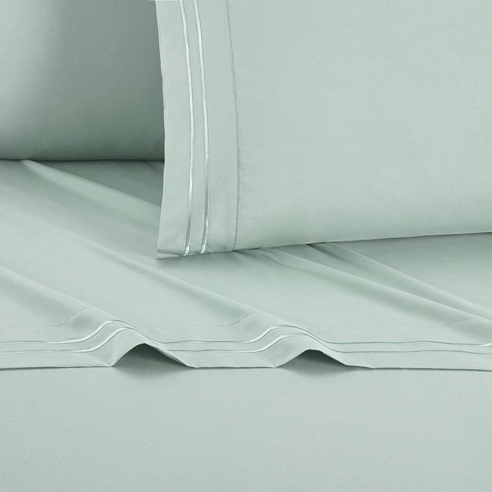 Chic Home Savannah Sheet Set Solid Color With Dual Stripe Embroidery - Includes 1 Flat, 1 Fitted Sheet, and 2 Pillowcases - 4 Piece - King 108x102", Green - Green