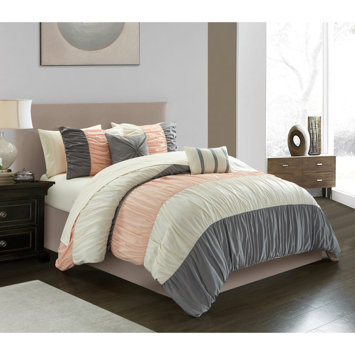 Chic Home Fay Comforter Set Ruched Color Block Design Bed In A Bag Blush, King - King