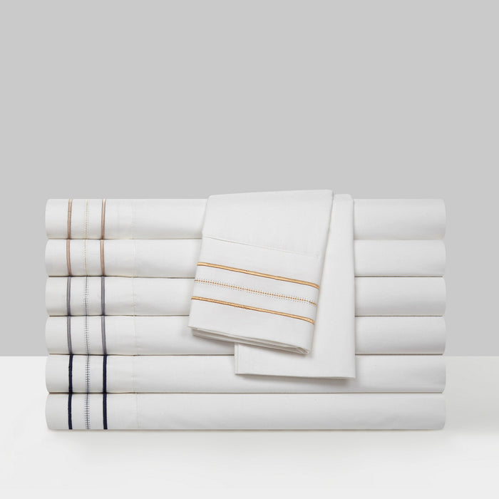 Chic Home Freya Organic Cotton Sheet Set Solid White With Dual Stripe Embroidery Zipper Stitching Details - Includes 1 Flat, 1 Fitted Sheet, and 2 Pillowcases - 4 Piece - King 108x102, Gold - King