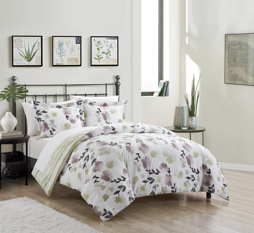 Chic Home Everly Green 3 Piece Duvet Cover Set Reversible Watercolor Floral Print Striped Pattern Design Bedding King Multi-color - King