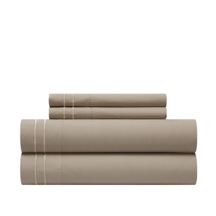 Chic Home Savannah Sheet Set Solid Color With Dual Stripe Embroidery - Includes 1 Flat, 1 Fitted Sheet, and 1 Pillowcase - 3 Piece - Twin 66x102", Taupe - Taupe