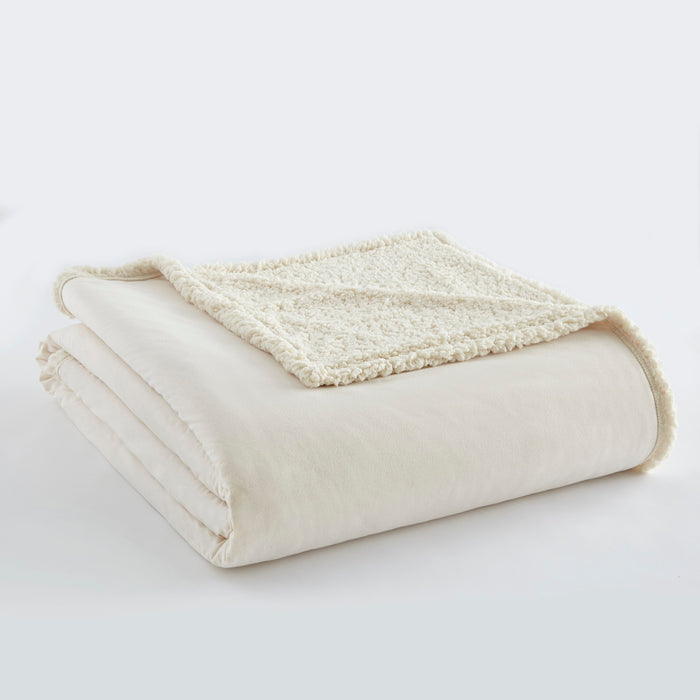 Shavel Micro Flannel High Quality Reversible Solid Patterned Super Soft Sherpa Blanket - King 90x104" - Ivory - King,Ivory