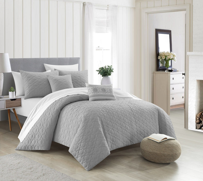 NY&C Home Davina 9 Piece Comforter Set Geometric Hexagonal Pattern Design Bed In A Bag Bedding - Sheets Pillowcases Decorative Pillows Shams Included, Queen, Grey - Queen