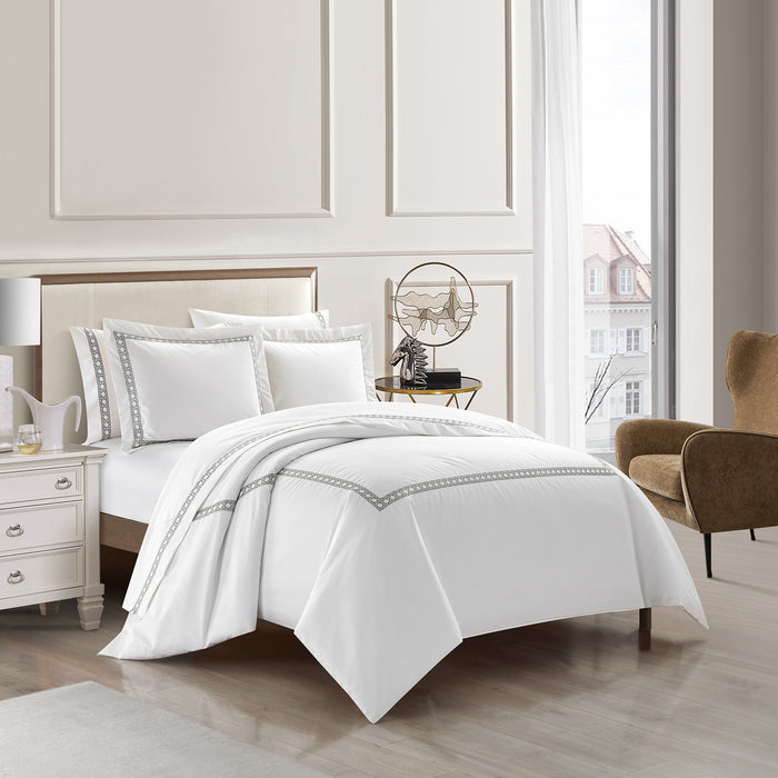Chic Home Lewiston 7 Piece Cotton Blend Duvet Cover 1500 Thread Count Set Solid White With Embroidered Details Bed In A Bag King Grey - King