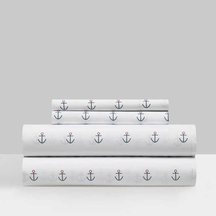 NY&C Home Marina 3 Piece Sheet Set Super Soft Nautical Theme Geometric Anchor Pattern Print Design – Includes 1 Flat, 1 Fitted Sheet, and 1 Pillowcase, Twin XL, White - White