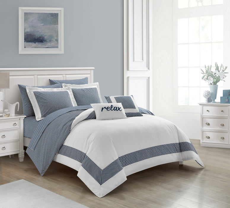 NY&C Home Gibson 9 Piece Comforter Set Striped Hotel Collection Design Bed In A Bag Bedding - Sheets Pillowcases Decorative Pillows Shams Included, Queen, Navy - Queen