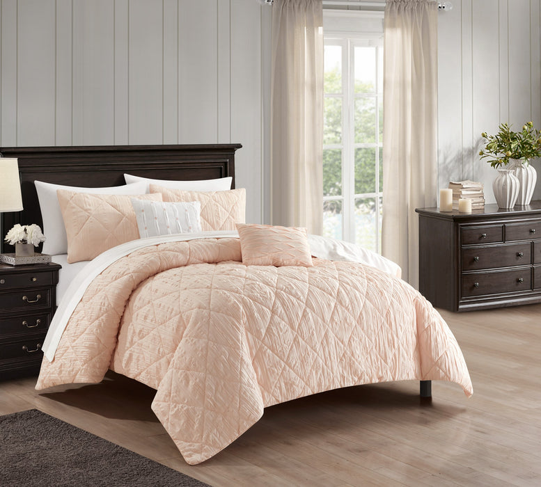 NY&C Home Leighton 5 Piece Comforter Set Diamond Stitched Design Crinkle Textured Pattern Bedding - Decorative Pillows Shams Included, King, Blush - King