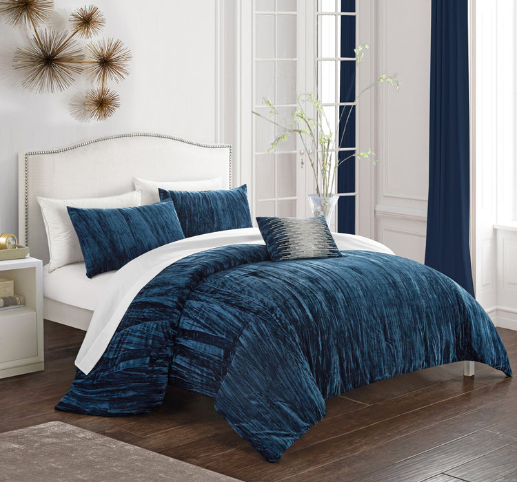 Chic Home Westmont 4 Piece Comforter Set Crinkle Crushed Velvet Bedding - Decorative Pillow Shams Included Queen Navy - Queen