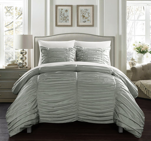 Chic Home Kaiah 3 Piece Comforter Set Contemporary Striped Ruched Ruffled Design Bedding - Decorative Pillow Shams Included King Grey - King