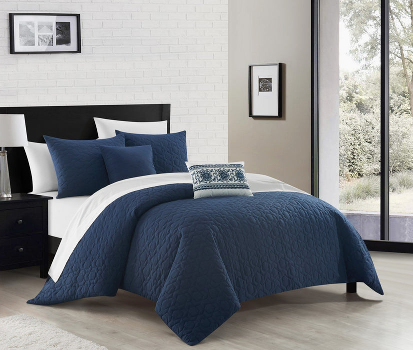NY&C Home Davina 5 Piece Comforter Set Geometric Hexagonal Pattern Design Bedding - Decorative Pillows Shams Included, King, Navy - King