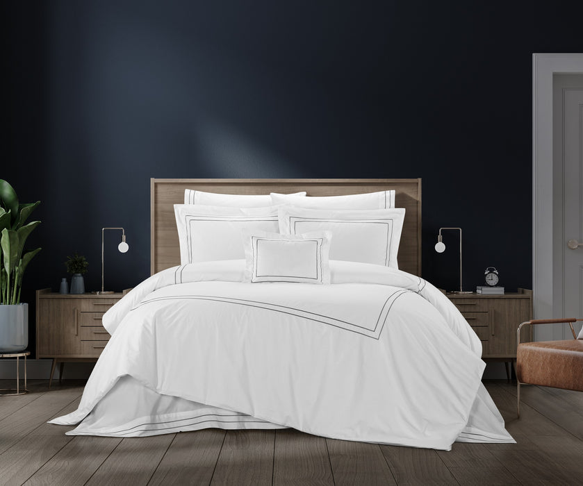 Chic Home Santorini Cotton Comforter Set Dual Stripe Embroidered Border Hotel Collection Bed In A Bag Bedding - Includes Sheets Pillowcases Decorative Pillow Shams - 8 Piece - King 106x96, Grey - King