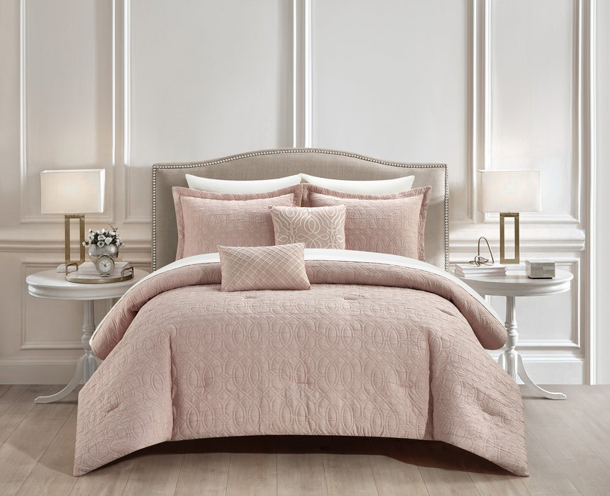 NY&C Home Trinity 5 Piece Cotton Blend Comforter Set Jacquard Interlaced Geometric Pattern Design Bedding - Decorative Pillows Shams Included, King, Blush - King