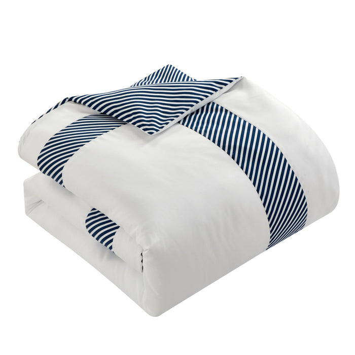 NY&C Home Gibson 9 Piece Comforter Set Striped Hotel Collection Design Bed In A Bag Bedding - Sheets Pillowcases Decorative Pillows Shams Included, Queen, Navy - Queen
