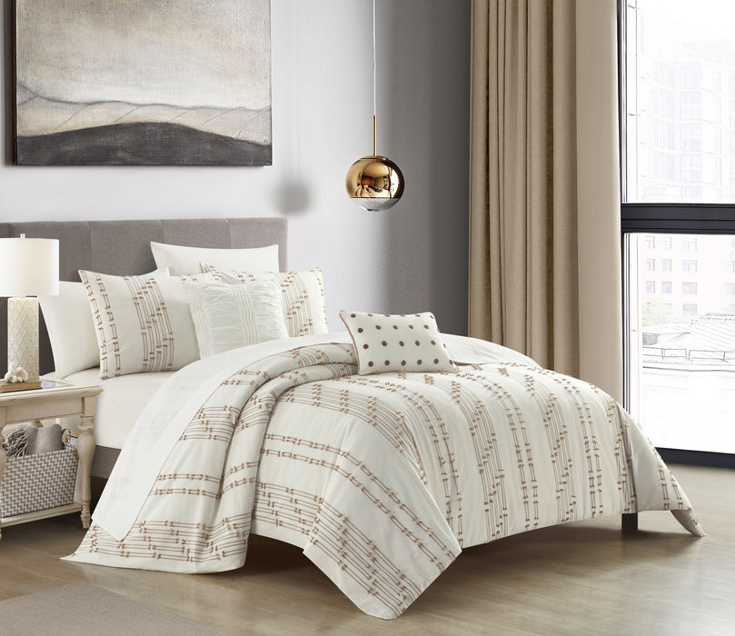 NY&C Home Desiree 5 Piece Cotton Comforter Set Contemporary Striped Clip Jacquard Bedding - Decorative Pillows Shams Included, King, Beige - King