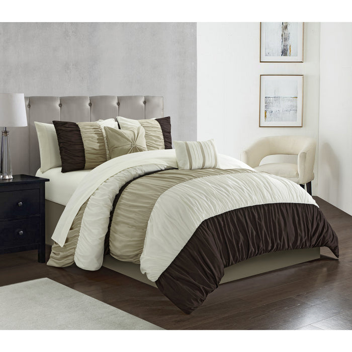 Chic Home Fay Comforter Set Ruched Color Block Design Bed In A Bag Brown, Queen - Queen