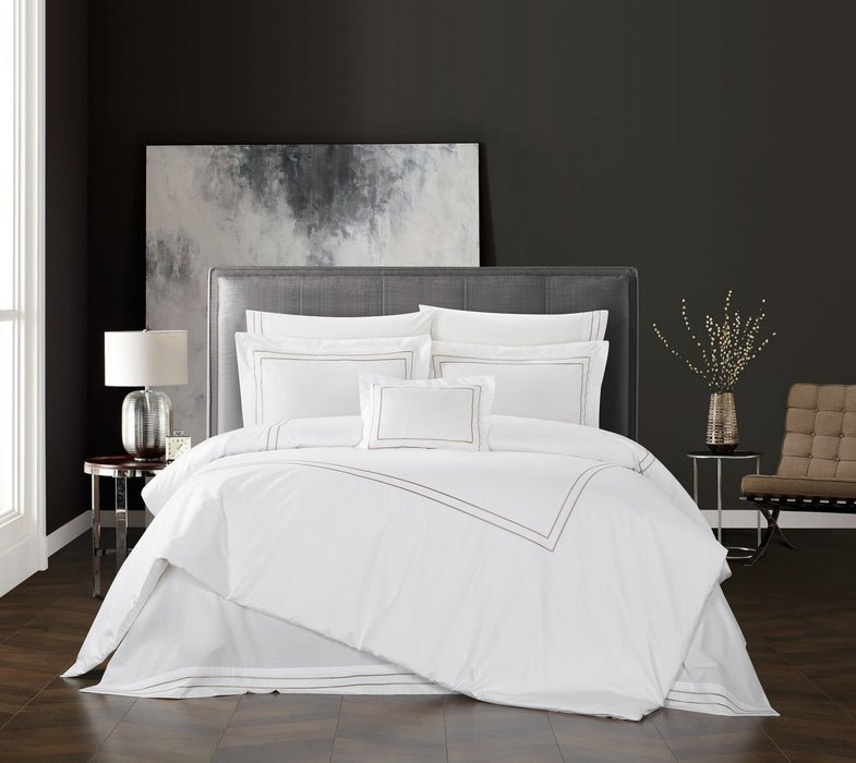 Chic Home Santorini Cotton Comforter Set Solid White With Dual Stripe Embroidered Border Hotel Collection Bedding - Includes Decorative Pillow Shams - 4 Piece - King 106x96, Beige - King