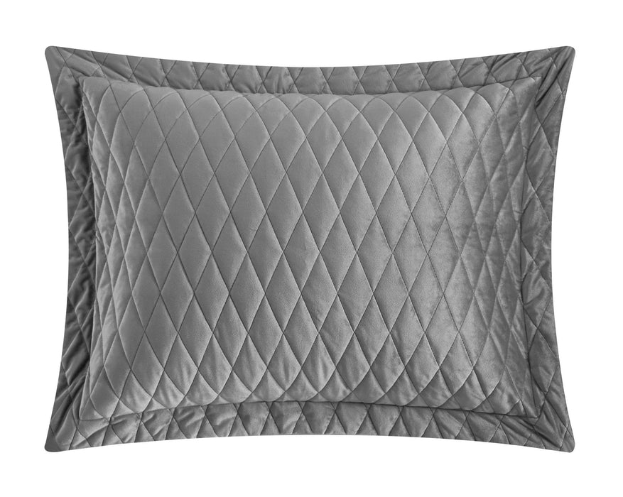 NY&C Home Wafa 7 Piece Velvet Quilt Set Diamond Stitched Pattern Bed In A Bag Bedding - Sheets Pillowcases Pillow Shams Included, Queen, Grey - Queen