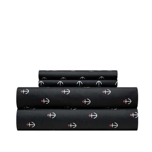 NY&C Home Marina 3 Piece Sheet Set Super Soft Nautical Theme Geometric Anchor Pattern Print Design – Includes 1 Flat, 1 Fitted Sheet, and 1 Pillowcase, Twin XL, Black - Black