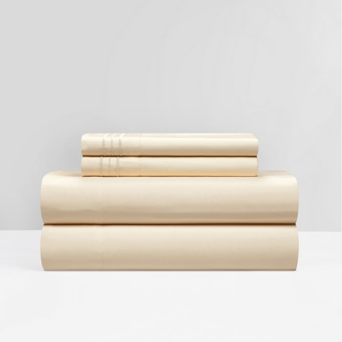 NY&C Home Lain 4 Piece Sheet Set Super Soft Stripe Embroidered Design – Includes 1 Flat, 1 Fitted Sheet, and 2 Pillowcases, Queen, Beige - Beige