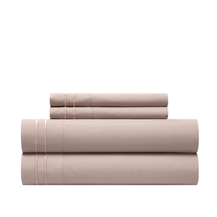 Chic Home Savannah Sheet Set Solid Color With Dual Stripe Embroidery - Includes 1 Flat, 1 Fitted Sheet, and 1 Pillowcase - 3 Piece - Twin 66x102", Rose - Rose