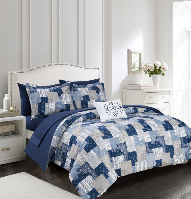 Chic Home Millennia 8 Piece Reversible Comforter Set Patchwork Bohemian Paisley Print Design Bed in a Bag Queen Blue - Queen