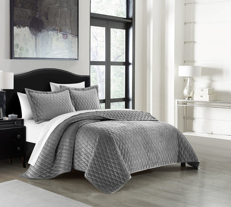 NY&C Home Wafa 3 Piece Velvet Quilt Set Diamond Stitched Pattern Bedding - Pillow Shams Included, King, Grey - King