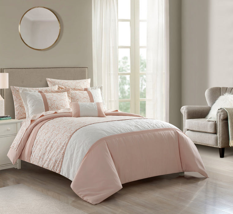 Chic Home Ava Comforter Set Color Block Floral Pleated Stitching Print Details Design Bed In A Bag Bedding - Sheets Pillowcases Decorative Pillow Shams Included - 8 Piece - Queen 90x92", Blush - Queen