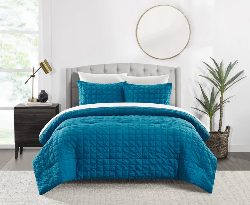 Chic Home Jessa Comforter Set Washed Garment Technique Geometric Square Tile Pattern Bedding - Pillow Shams Included - 3 Piece - Queen 90x92", Blue - Queen