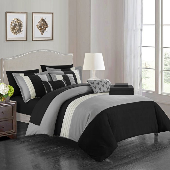 Chic Home Moriarty Elegant Color Block Ruffled BIB Soft Microfiber Sheets 10 Pieces Comforter Decorative Pillows & Shams - Twin 66x90, Black - Twin