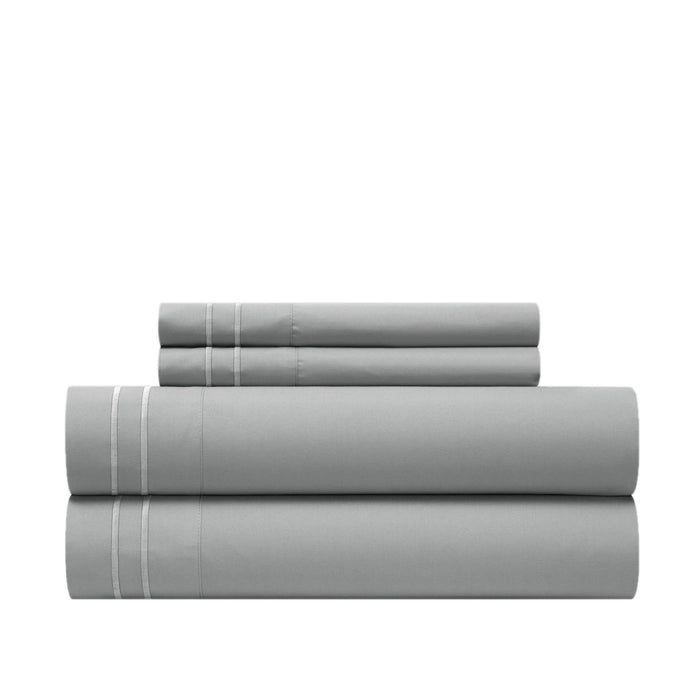 Chic Home Savannah Sheet Set Solid Color With Dual Stripe Embroidery - Includes 1 Flat, 1 Fitted Sheet, and 1 Pillowcase - 3 Piece - Twin 66x102", Grey - Grey