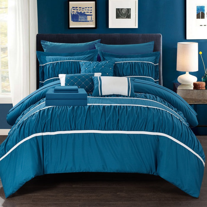Chic Home Stieg 10 Pieces Comforter Set Complete BIB Pleated Ruched Ruffled Bedding With Sheet Set & Decorative Pillows Shams - King 104x90, Teal - King