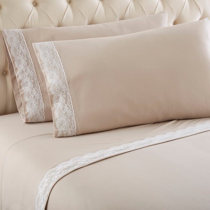 Shavel Micro Flannel Quality Lace-Edged Sheet Set - Queen Flat/Fitted Sheet 92x108/80x60x18" 2-Pillowcase 21x32" - Taupe. - Queen,Taupe