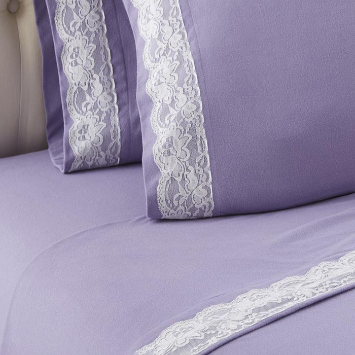 Shavel Micro Flannel Quality Lace-Edged Sheet Set - Twin Flat/Fitted Sheet 66x96/75x39x14" Pillowcase 21x32" - Amethyst. - Twin,Amethyst