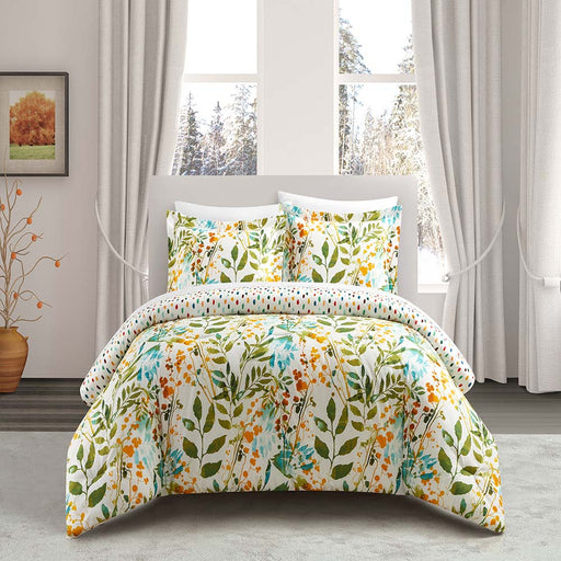 Chic Home Robin 7 Piece Duvet Cover Set Reversible Hand Painted Floral Print Design Bed In A Bag Bedding with Zipper Closure Multi-color