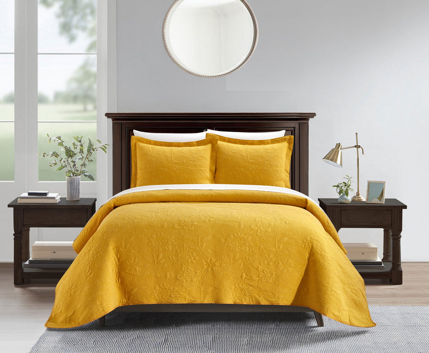 NY&C Home Austin 3 Piece Cotton Blend Quilt Set Stone Washed Textured Floral Pattern Bedding - Pillow Shams Included, King, Mustard - King