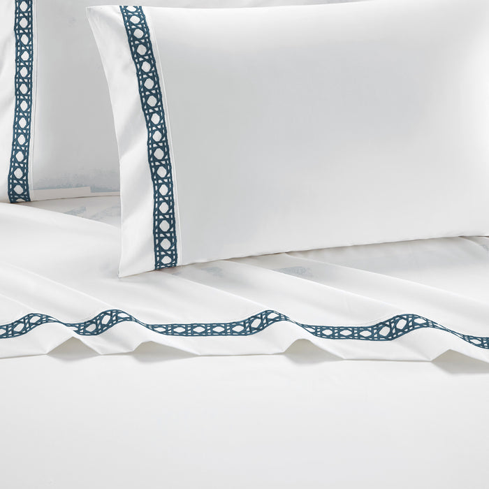 Chic Home Aria 4 Piece Cotton Blend Sheet Set 1500 Thread Count Solid White With Dual Stripe Embroidery Lattice Stitching Details King Navy - King