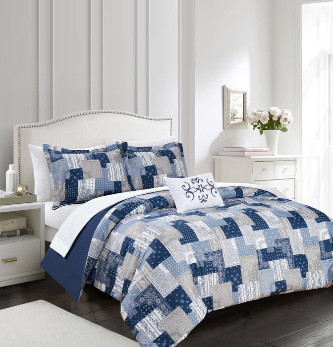 Chic Home Utopia 4 Piece Reversible Duvet Cover Set Patchwork Bohemian Paisley Print Design Bedding King Blue - King