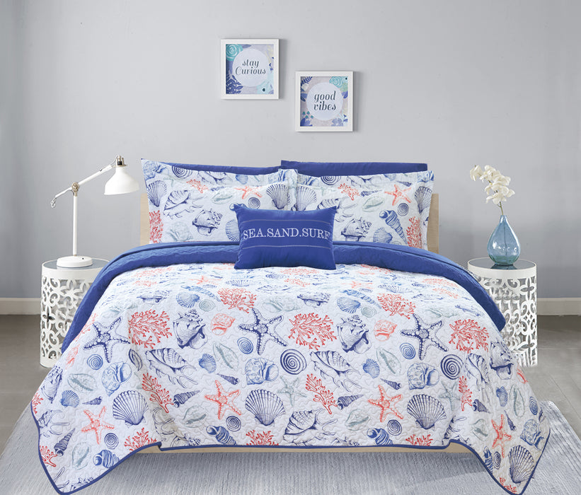 Chic Home Moselle 4 Piece Reversible Quilt Coverlet Set "Sea, Sand, Surf" Theme Embossed Quilted Design Bedding King - King