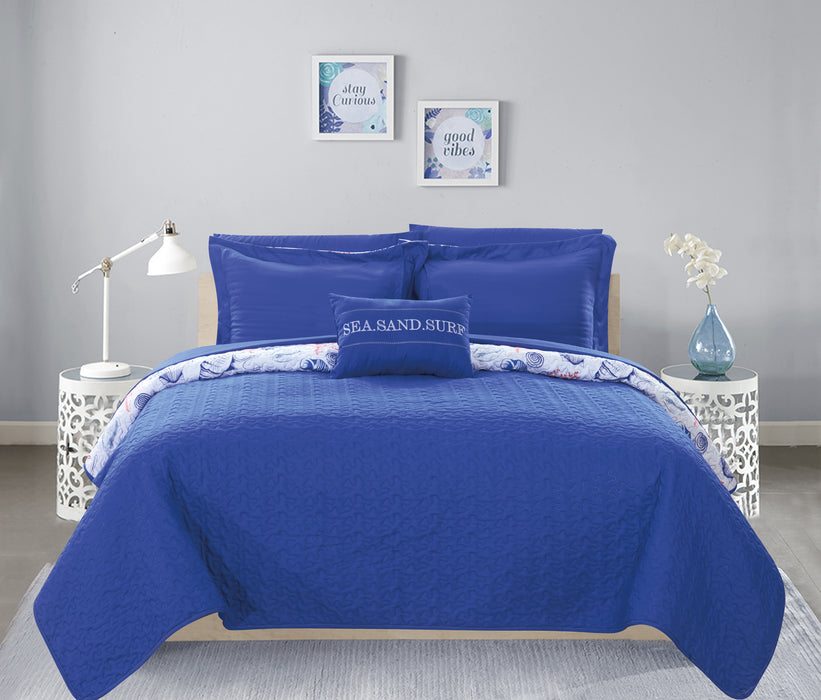 Chic Home Moselle 4 Piece Reversible Quilt Coverlet Set "Sea, Sand, Surf" Theme Embossed Quilted Design Bedding King - King
