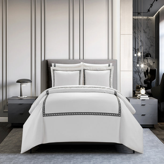 Chic Home Lewiston 7 Piece Cotton Blend Duvet Cover 1500 Thread Count Set Solid White With Embroidered Details Bed In A Bag King Black - King